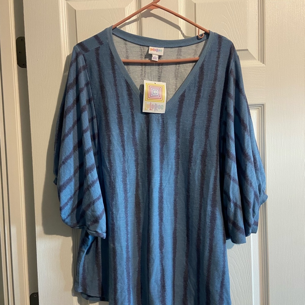 LuLaRoe Renee Blue and Gray Striped Blouse